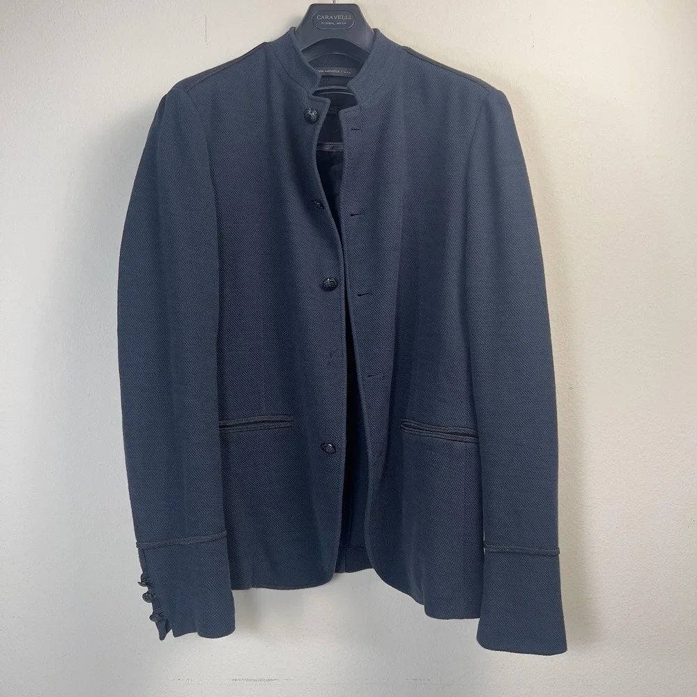 John Varvatos Sport Coat Mens 38 Black Tweed Band Collar Piped Trim Military - Picture 2 of 12